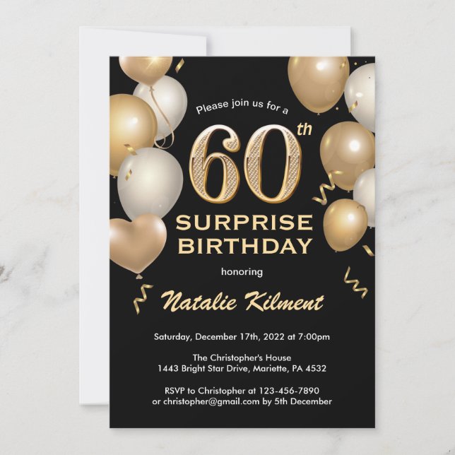 Surprise 60th Birthday Black and Gold Balloons Invitation (Front)
