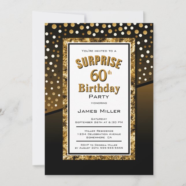 Surprise 60th Birthday Black and Gold Invitation (Front)
