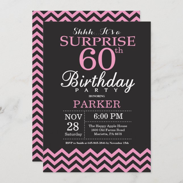 Surprise 60th Birthday Black and Pink Chevron Invitation (Front/Back)