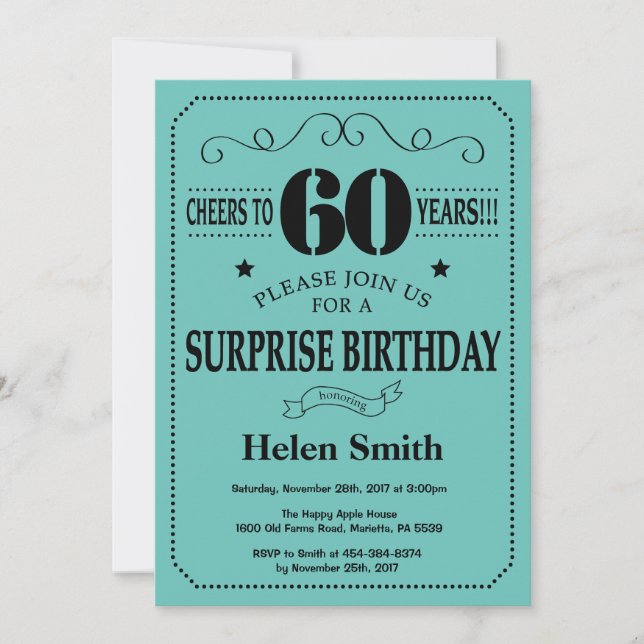 Surprise 60th Birthday Black and Teal Invitation (Front)