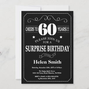 Surprise 60th Birthday Black and White Chalkboard Invitation
