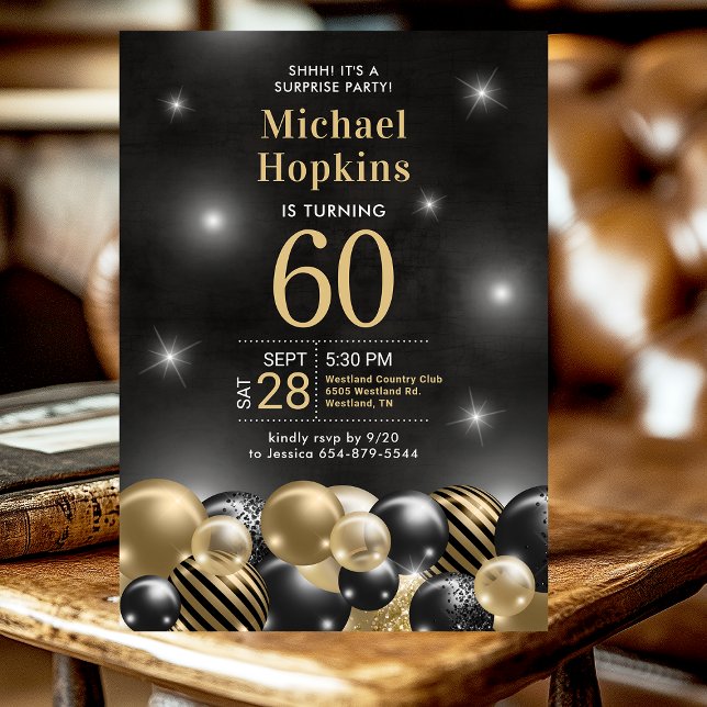Surprise 60th Birthday Black Gold Balloons Party Invitation (Creator Uploaded)