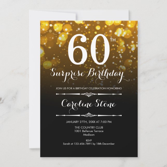 Surprise 60th Birthday - Black Gold White Invitation (Front)