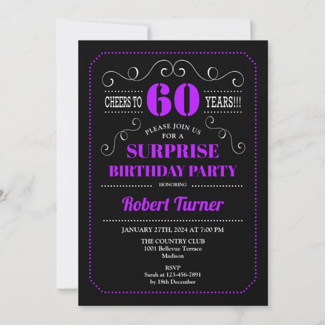 Surprise 60th Birthday - Black Purple Invitation (Front)