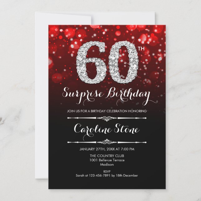Surprise 60th Birthday - Black Red Silver Invitation (Front)