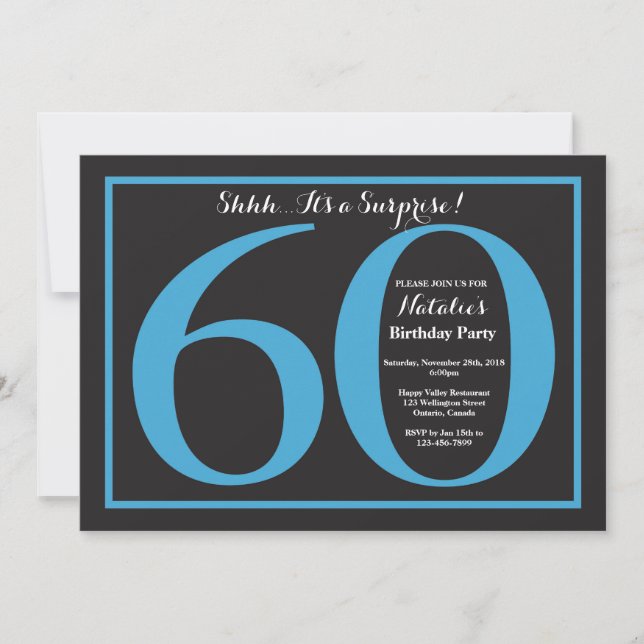Surprise 60th Birthday Blue and Black Chalkboard Invitation (Front)