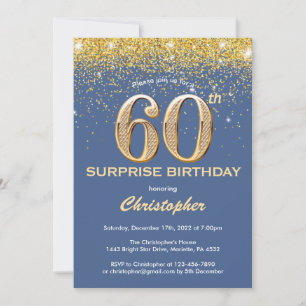 Surprise 60th Birthday Blue and Gold Glitter Invitation