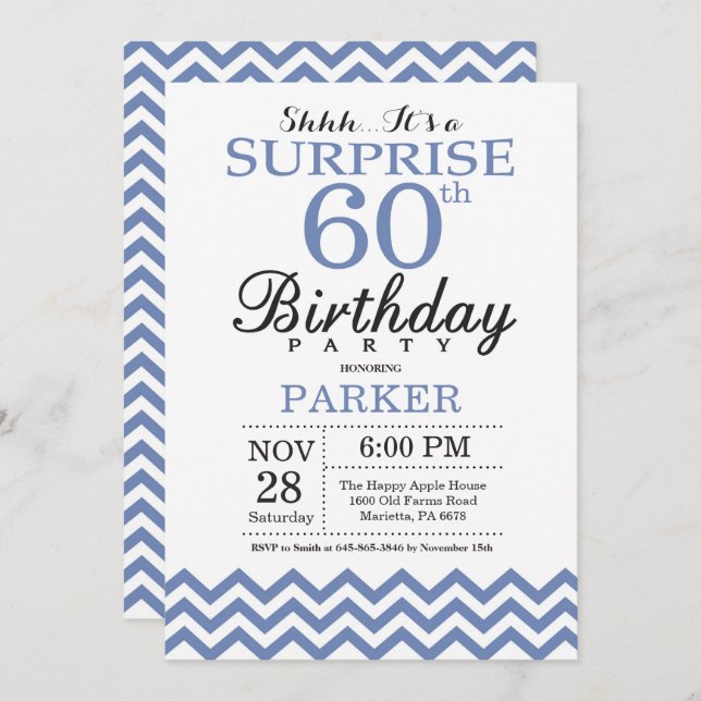 Surprise 60th Birthday Blue Chevron Invitation (Front/Back)