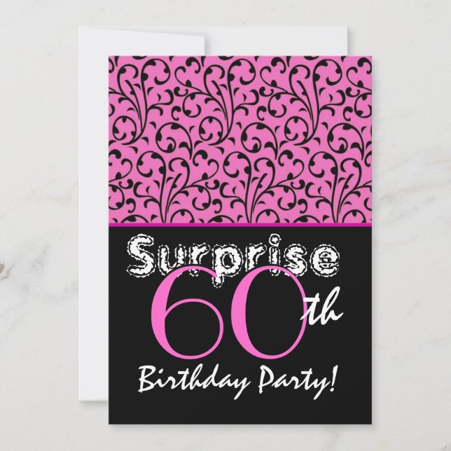 SURPRISE 60th Birthday Bright Pink Black Swirls Invitation (Front)