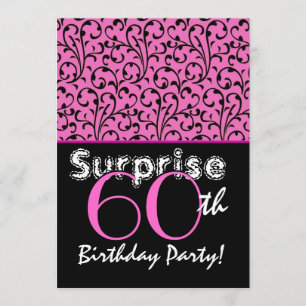 SURPRISE 60th Birthday Bright Pink Black Swirls Invitation