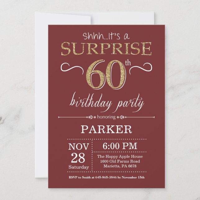 Surprise 60th Birthday Burgundy and Gold Glitter Invitation (Front)