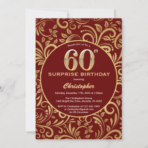 Surprise 60th Birthday Burgundy Red & Gold Floral Invitation