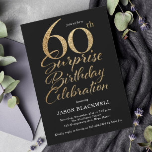 Surprise 60th Birthday Celebration Black & Gold Invitation