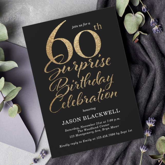 Surprise 60th Birthday Celebration Black & Gold Invitation (Creator Uploaded)