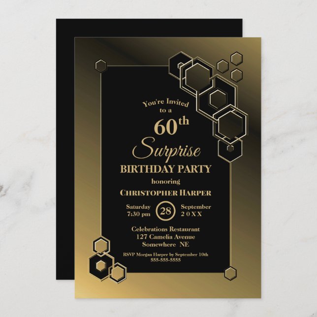 Surprise 60th Birthday Geometric Black Gold Party Invitation (Front/Back)