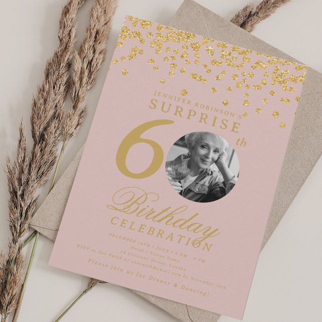 SURPRISE 60th Birthday Gold Confetti Blush Pink  Invitation (SURPRISE 60th Birthday Gold Confetti Blush Pink Invitation)