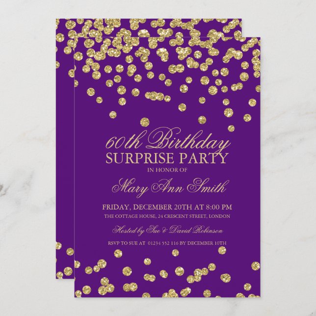 Surprise 60th Birthday Gold Glitter Purple Invitation (Front/Back)