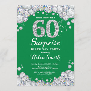 Surprise 60th Birthday Green and Silver Diamond Invitation