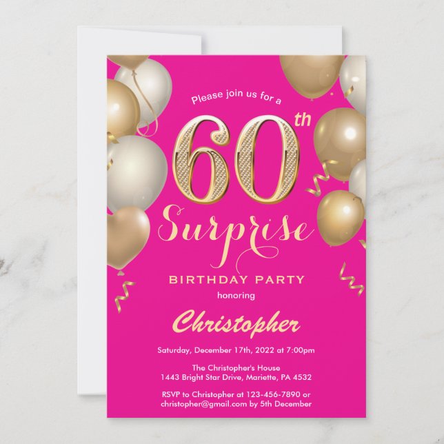 Surprise 60th Birthday Hot Pink and Gold Balloons Invitation (Front)