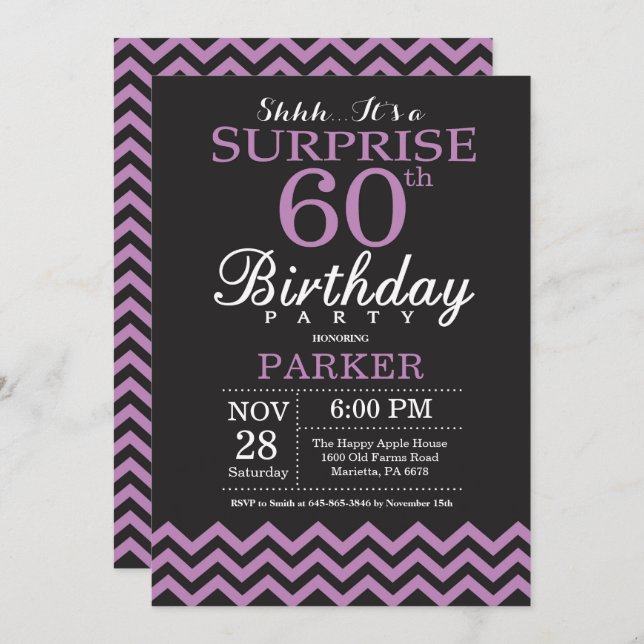 Surprise 60th Birthday Invitation Black and Purple (Front/Back)