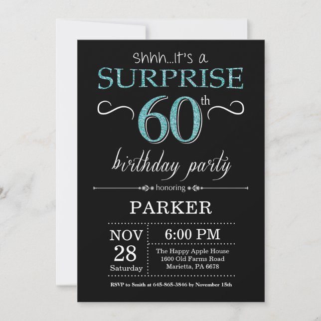 Surprise 60th Birthday Invitation Black and Teal (Front)