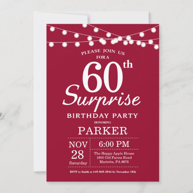 Surprise 60th Birthday Invitation Burgundy Red (Front)