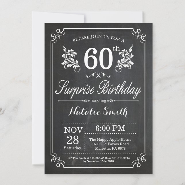 Surprise 60th Birthday Invitation Chalkboard (Front)