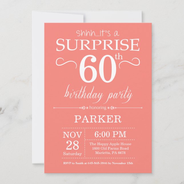 Surprise 60th Birthday Invitation Coral (Front)