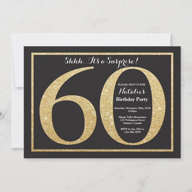 Surprise 60th Birthday Invitation Gold Glitter (Front)