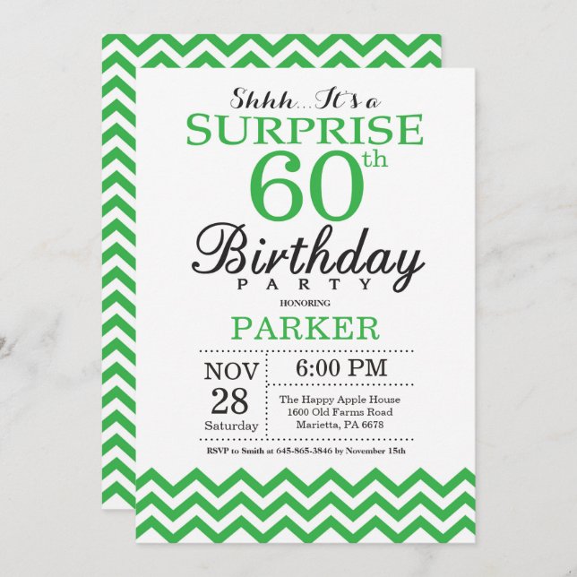 Surprise 60th Birthday Invitation Green Chevron (Front/Back)
