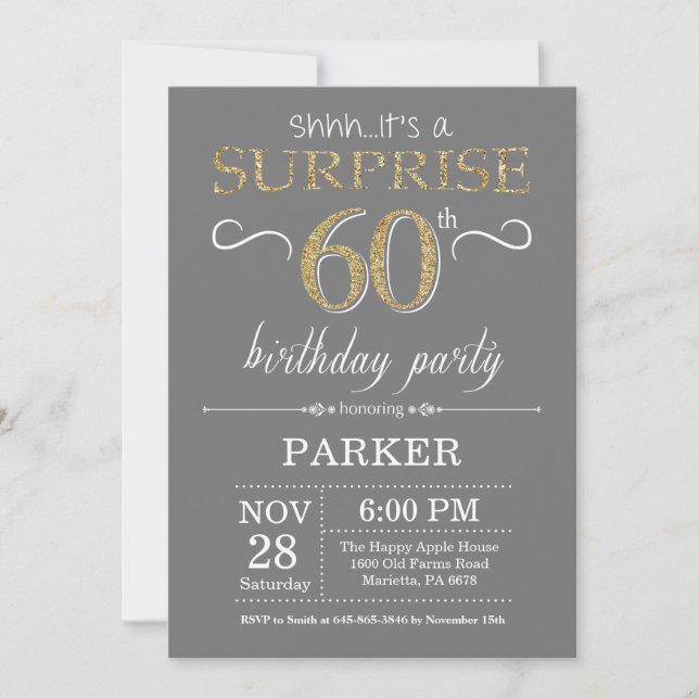 Surprise 60th Birthday Invitation Grey and Gold (Front)