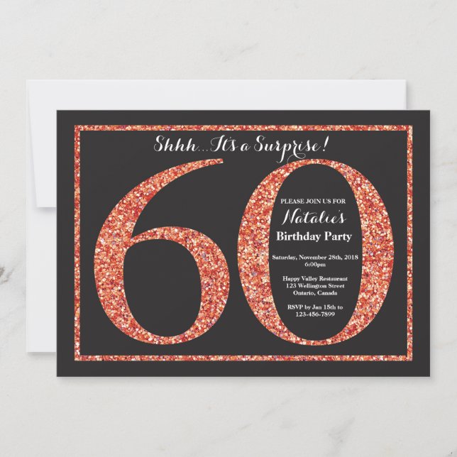 Surprise 60th Birthday Invitation Orange Glitter (Front)
