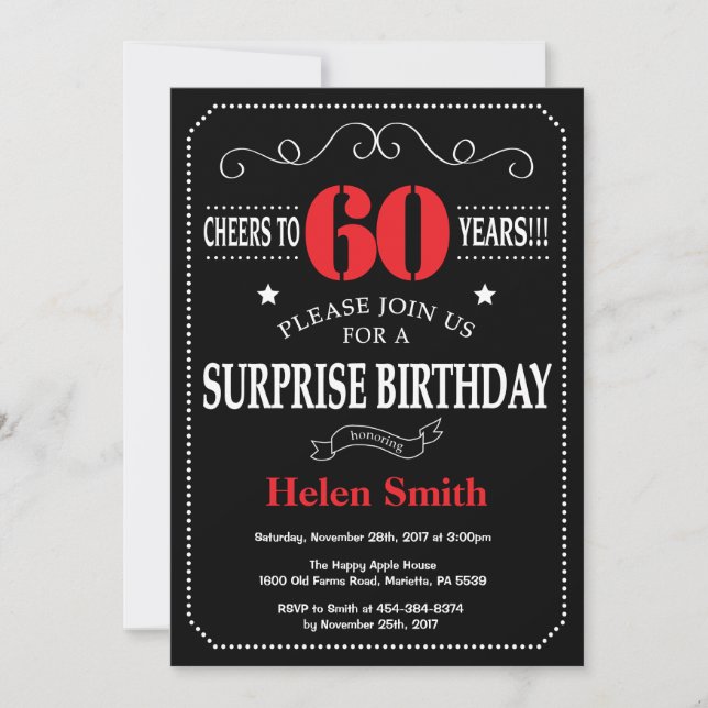 Surprise 60th Birthday Invitation Red and Black (Front)
