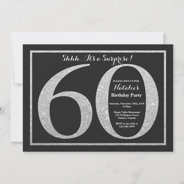 Surprise 60th Birthday Invitation Silver Glitter (Front)
