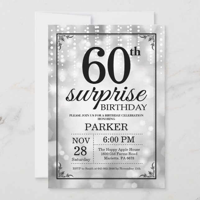 Surprise 60th Birthday Invitation Silver Glitter (Front)