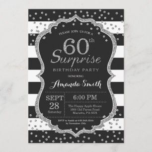 Surprise 60th Birthday Invitation. Silver Glitter Invitation