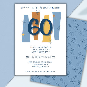 Surprise 60th Birthday Midcentury Retro Blue Invitation