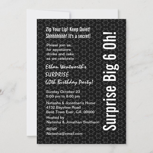 SURPRISE 60th Birthday Modern Black White Stars Invitation (Front)