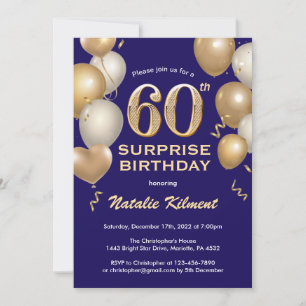 Surprise 60th Birthday Navy Blue and Gold Balloons Invitation