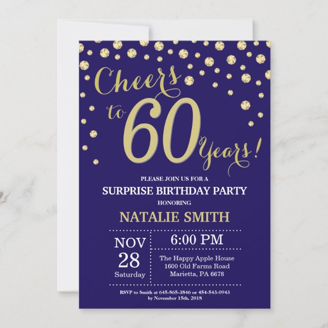Surprise 60th Birthday Navy Blue and Gold Diamond Invitation (Front)
