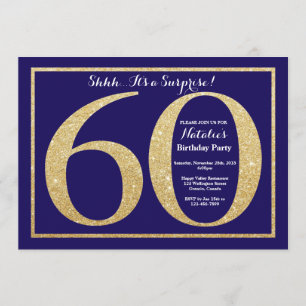 Surprise 60th Birthday Navy Blue and Gold Glitter Invitation