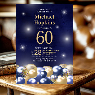 Surprise 60th Birthday Navy Blue Gold Balloons Invitation