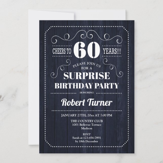 Surprise 60th Birthday - Navy Wood Pattern Invitation (Front)