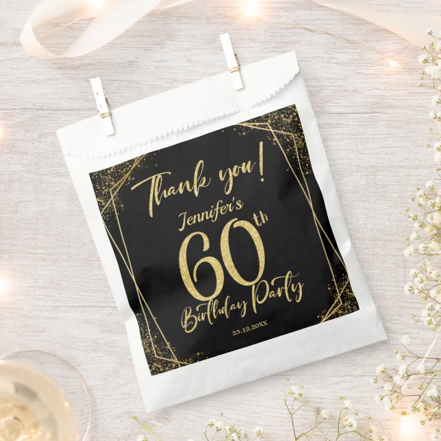 Surprise 60th Birthday Party Black & Gold Glitter Favour Bag (Clipped)