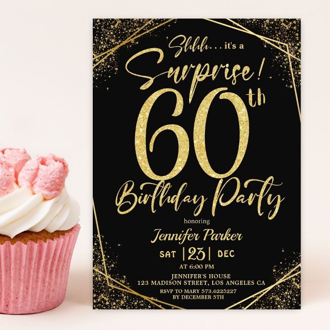 Surprise 60th Birthday Party Black & Gold Glitter Invitation (Creator Uploaded)