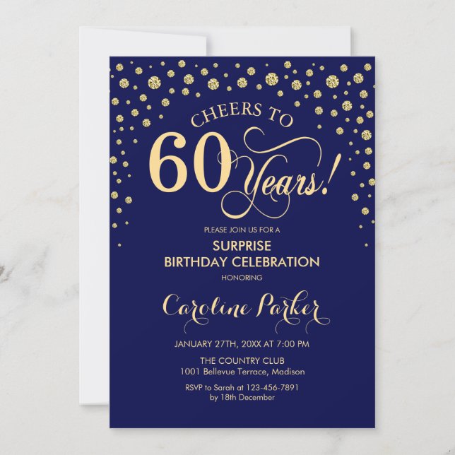 Surprise 60th Birthday Party - Navy Blue Gold Invitation (Front)
