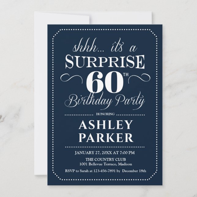 Surprise 60th Birthday Party - Navy White Invitation (Front)