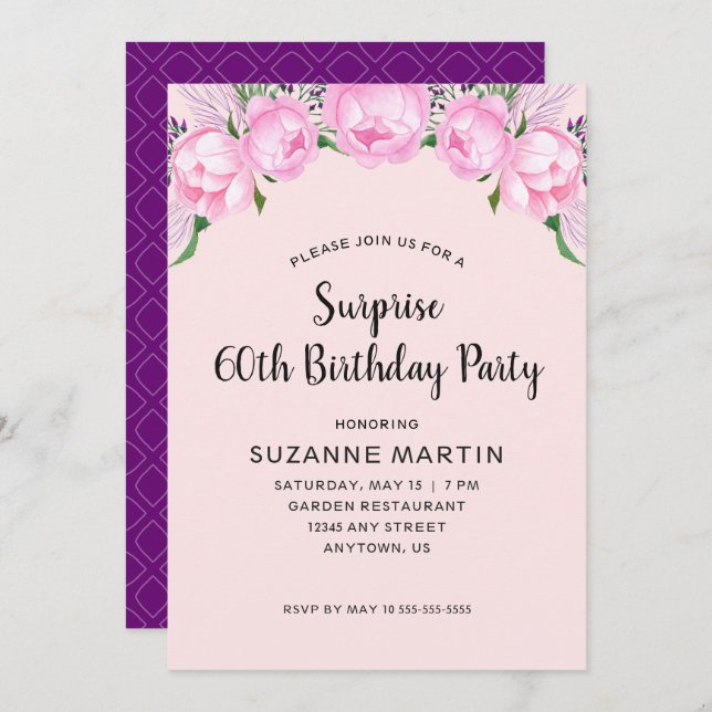 Surprise 60th Birthday Party Pink Peonies Invitation (Front/Back)