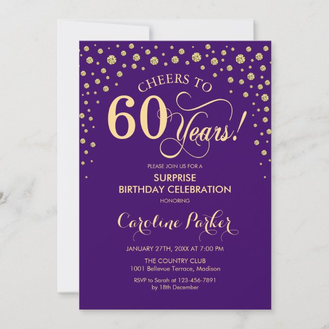 Surprise 60th Birthday Party - Purple Gold Invitation (Front)