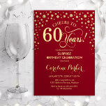 Surprise 60th Birthday Party - Red Gold Invitation<br><div class="desc">Surprise 60th Birthday Party Invitation.
Elegant design in dark red and faux glitter gold. Features script font and diamonds confetti. Cheers to 60 Years! Message me if you need further customization.</div>